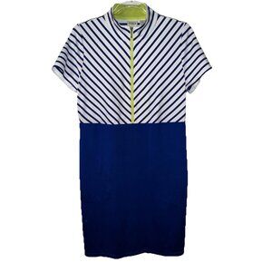 Chicos Zenergy Gold Dress Blue White striped Women’s 1 Lime 1/2 Zip Pockets